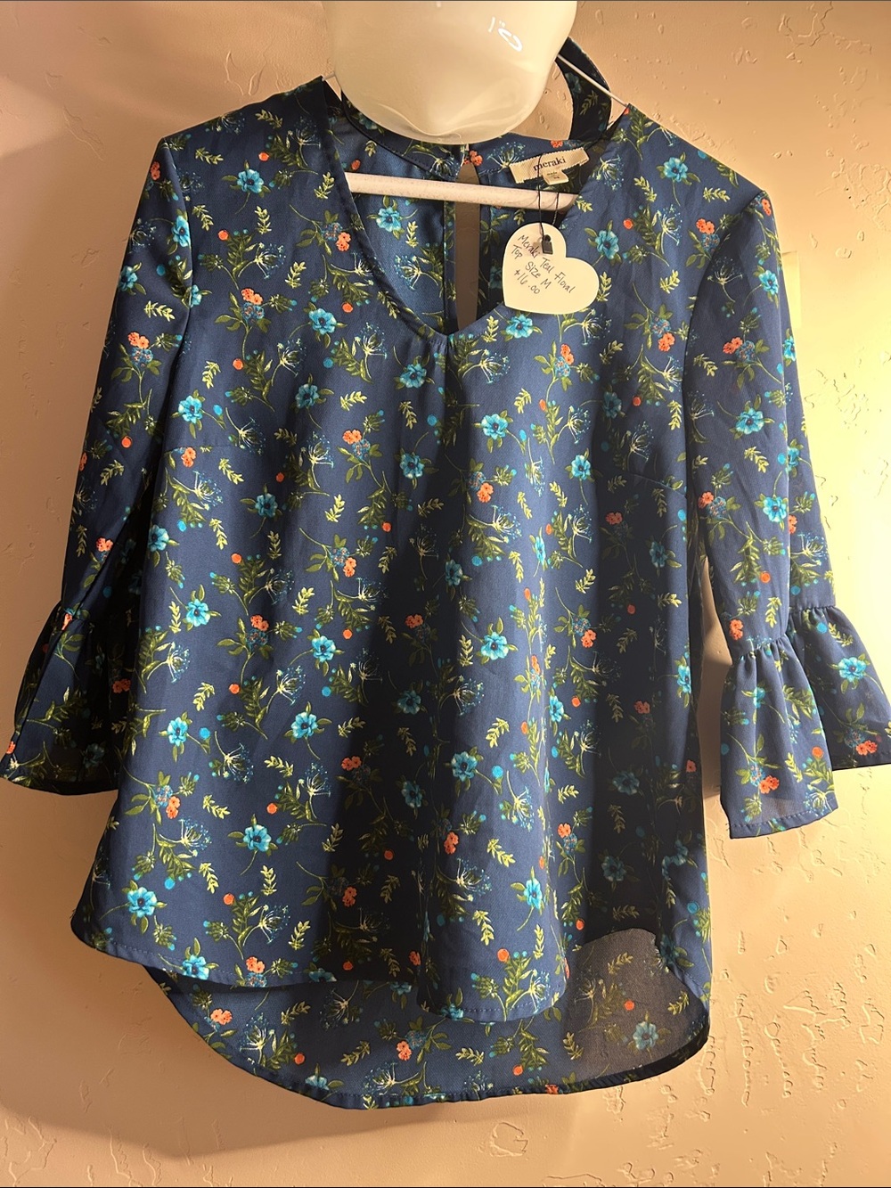 meraki Navy Floral V-Neck Ruffle Sleeve Top